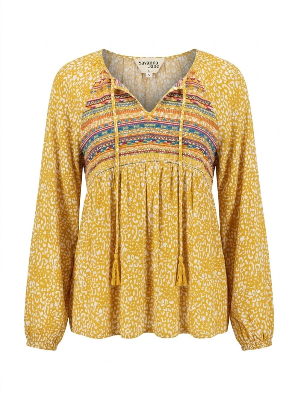 Savanna Jane Yellow Floral Embroidered Boho Tassel Tie Blouse Women Size S